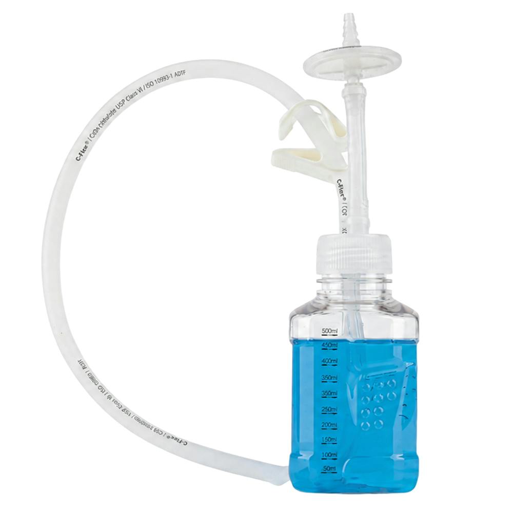500mL PET PharmaTainer™ Square Sterile Bottle Assembly with 48mm Cap2V8® Cap with 2 Ports & CellGyn® TPE Tubing
