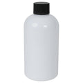 8 oz. White PET Squat Boston Round Bottle with 24/410 Black Ribbed Cap with F217 Liner