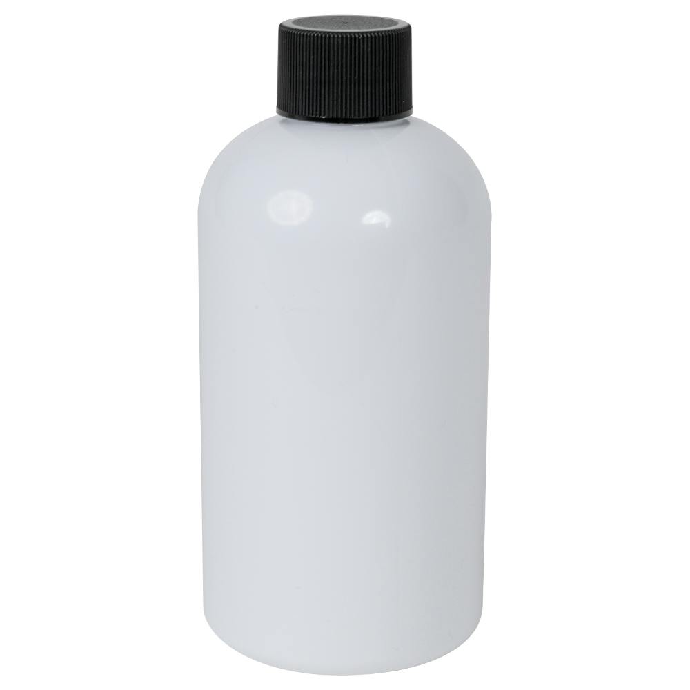 8 oz. White PET Squat Boston Round Bottle with 24/410 Black Ribbed Cap with F217 Liner