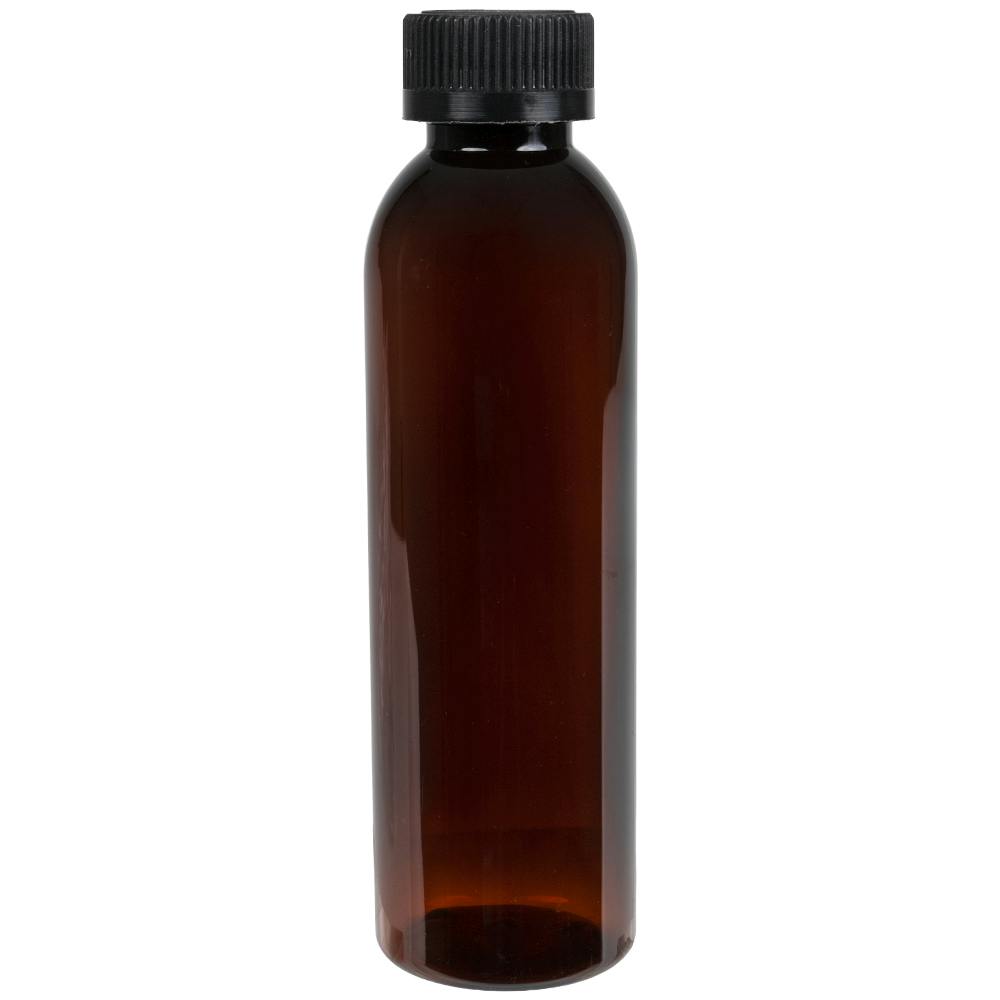 6 oz. Light Amber PET Cosmo Round Bottle with 24/400 Black Ribbed Child-Resistant Cap (CRC) with F217 Liner
