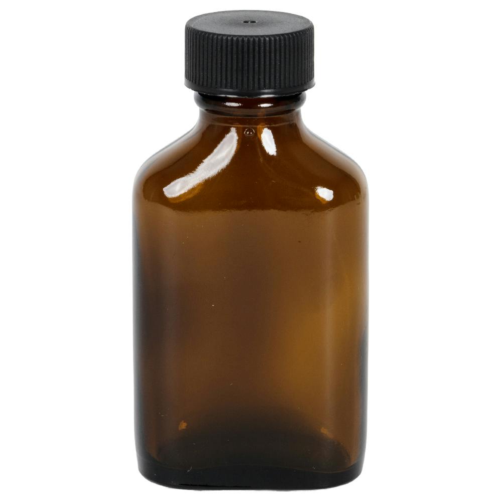 1 oz. Rockefeller Century Oval Amber Glass Bottle with 20/400 Black Ribbed Cap with F217 Liner