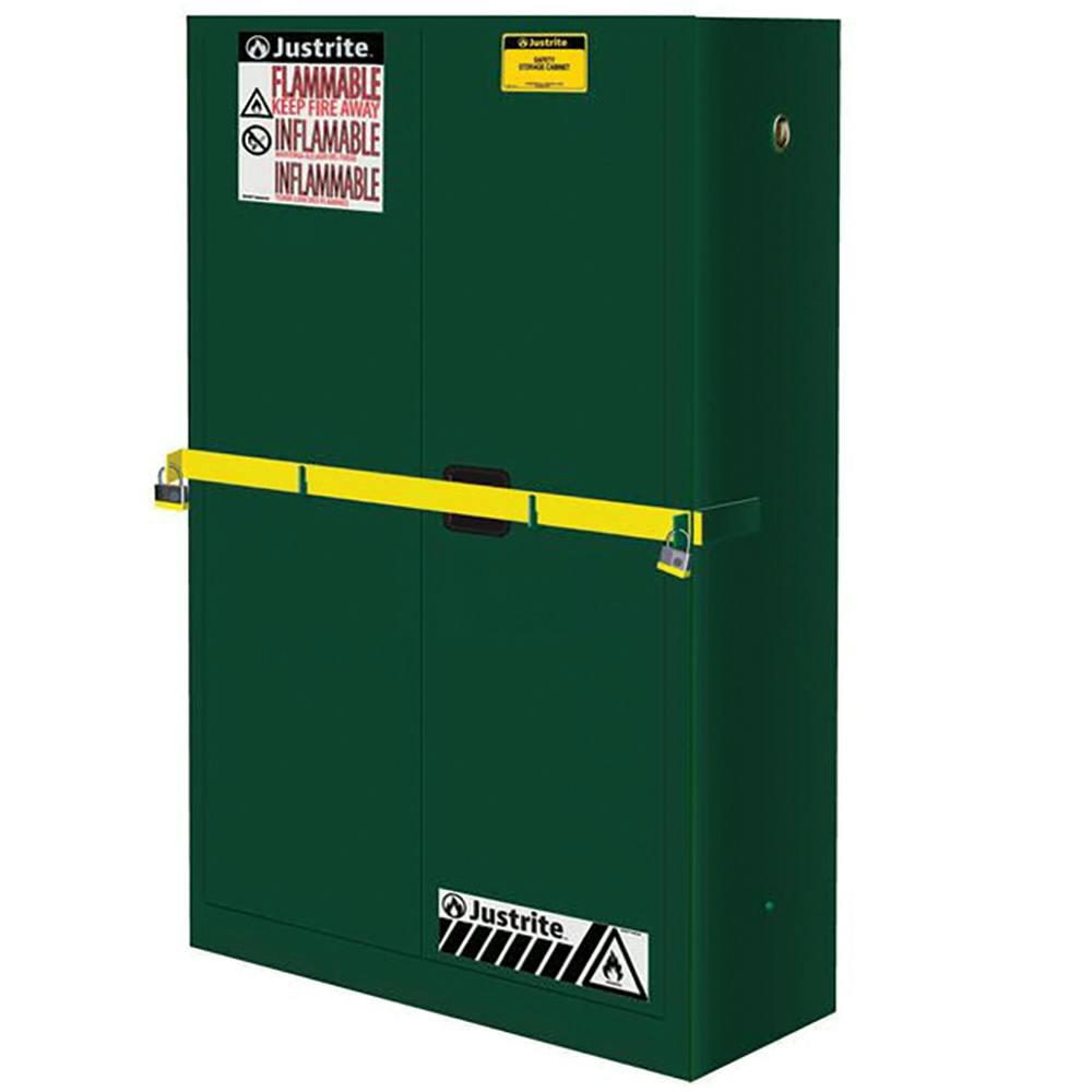 45 Gallon Green Justrite® Sure-Grip® EX High Security Safety Cabinet with 2 Adjustable Shelves & 2 Manual-Close Doors