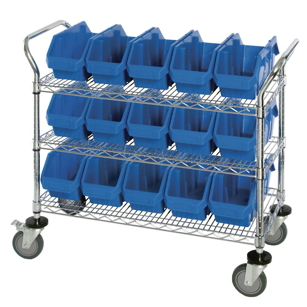 3-Shelf Quick Pick Bin Mobile Cart with 15 Blue Small Bins
