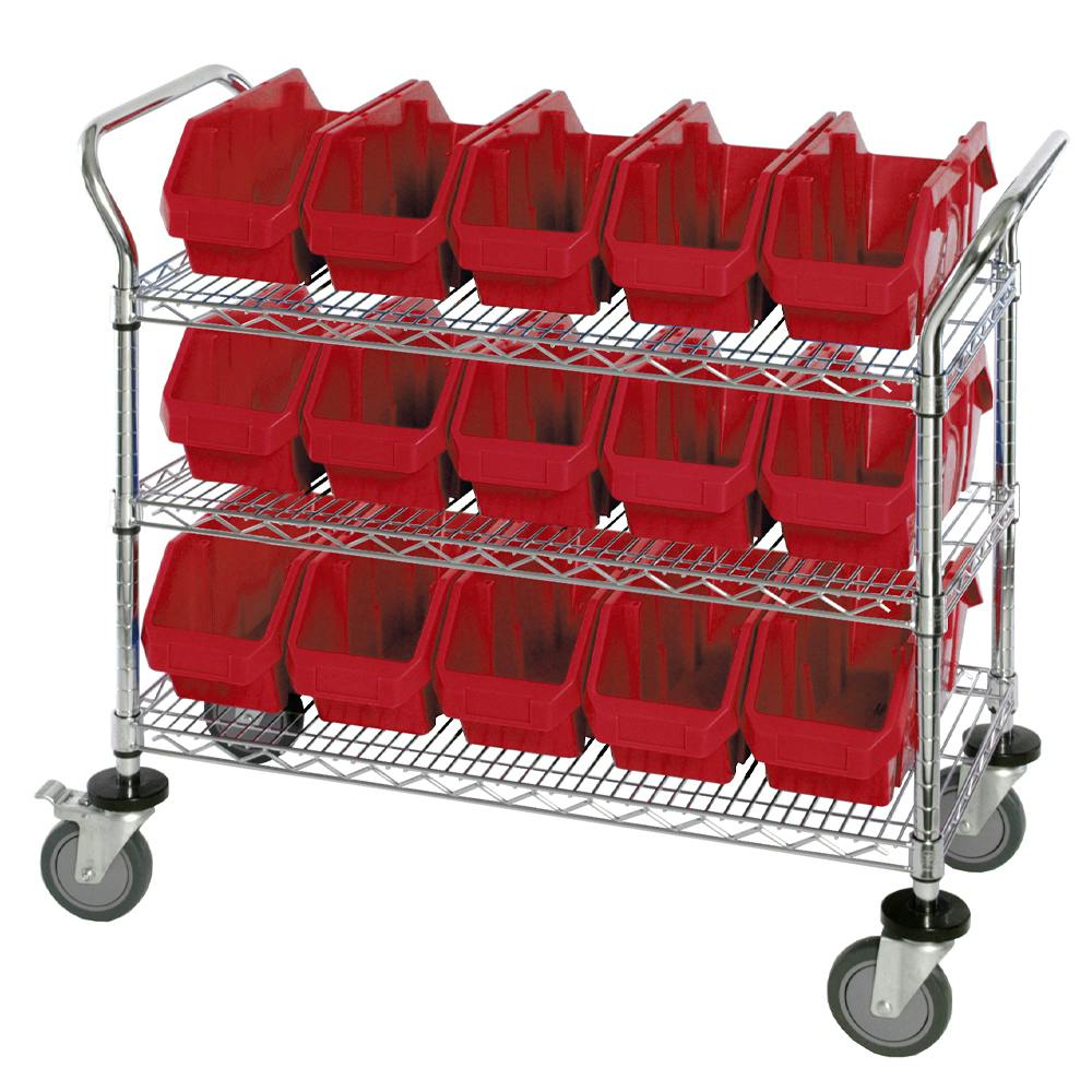 3-Shelf Quick Pick Bin Mobile Cart with 15 Red Small Bins