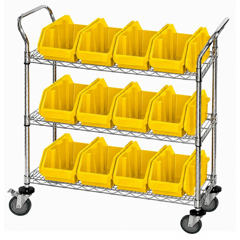 3-Shelf Quick Pick Bin Mobile Cart with 12 Yellow Medium Bins