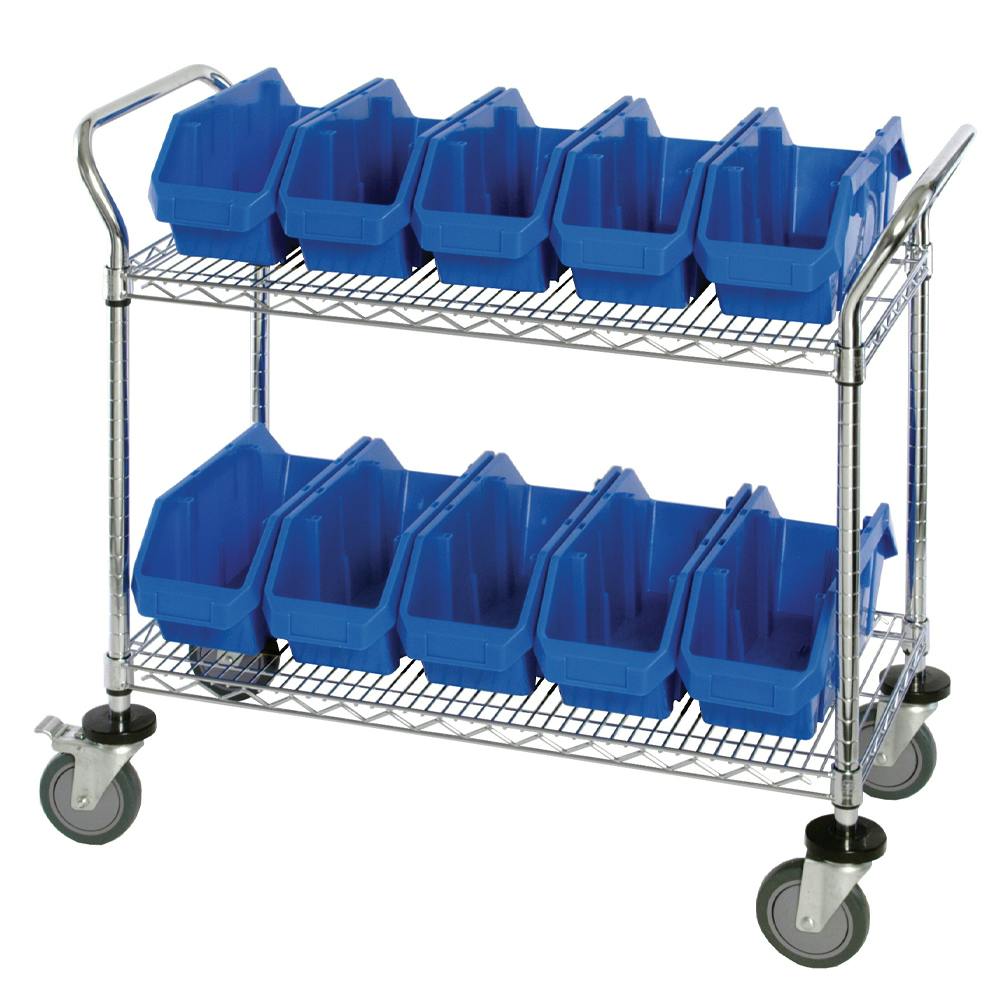 2-Shelf Quick Pick Bin Mobile Cart with 10 Blue Large Bins