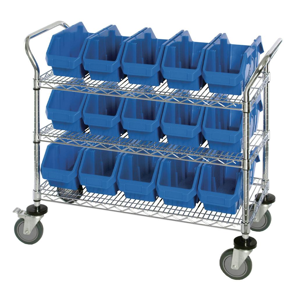3-Shelf Quick Pick Bin Mobile Cart with 15 Blue Large Bins