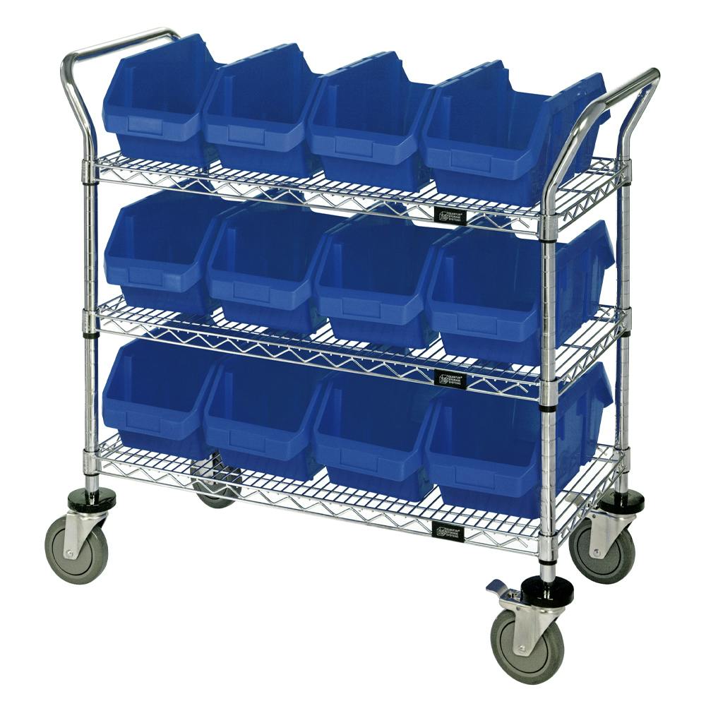 3-Shelf Quick Pick Bin Mobile Cart with 12 Blue Extra-Large Bins