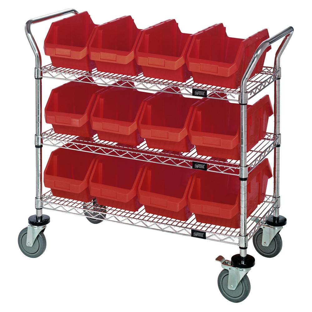 3-Shelf Quick Pick Bin Mobile Cart with 12 Red Extra-Large Bins