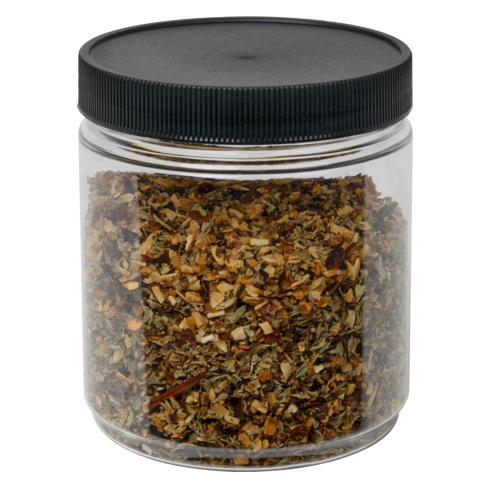16 oz. Clear PET Round Jar (No Label Panel) with 83/400 Black Ribbed Cap with F217 Liner