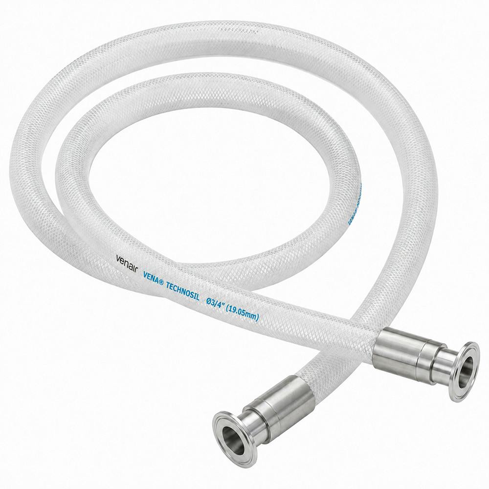 1/2" ID x 51/64" OD Vena® TECHNOSIL Series Translucent Braid-Reinforced Platinum-Cured Silicone Hose Assembly with 1/2" Tri-Clamp Fittings - 15' Length