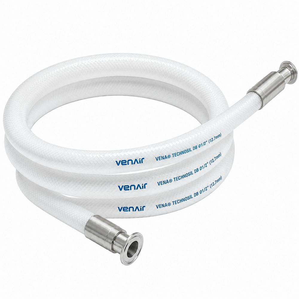 1/4" ID x 0.63" OD Vena® TECHNOSIL DB Series White Dual Braid-Reinforced Platinum-Cured Silicone Hose Assembly with 1/4" Tri-Clamp Fittings - 5' Length