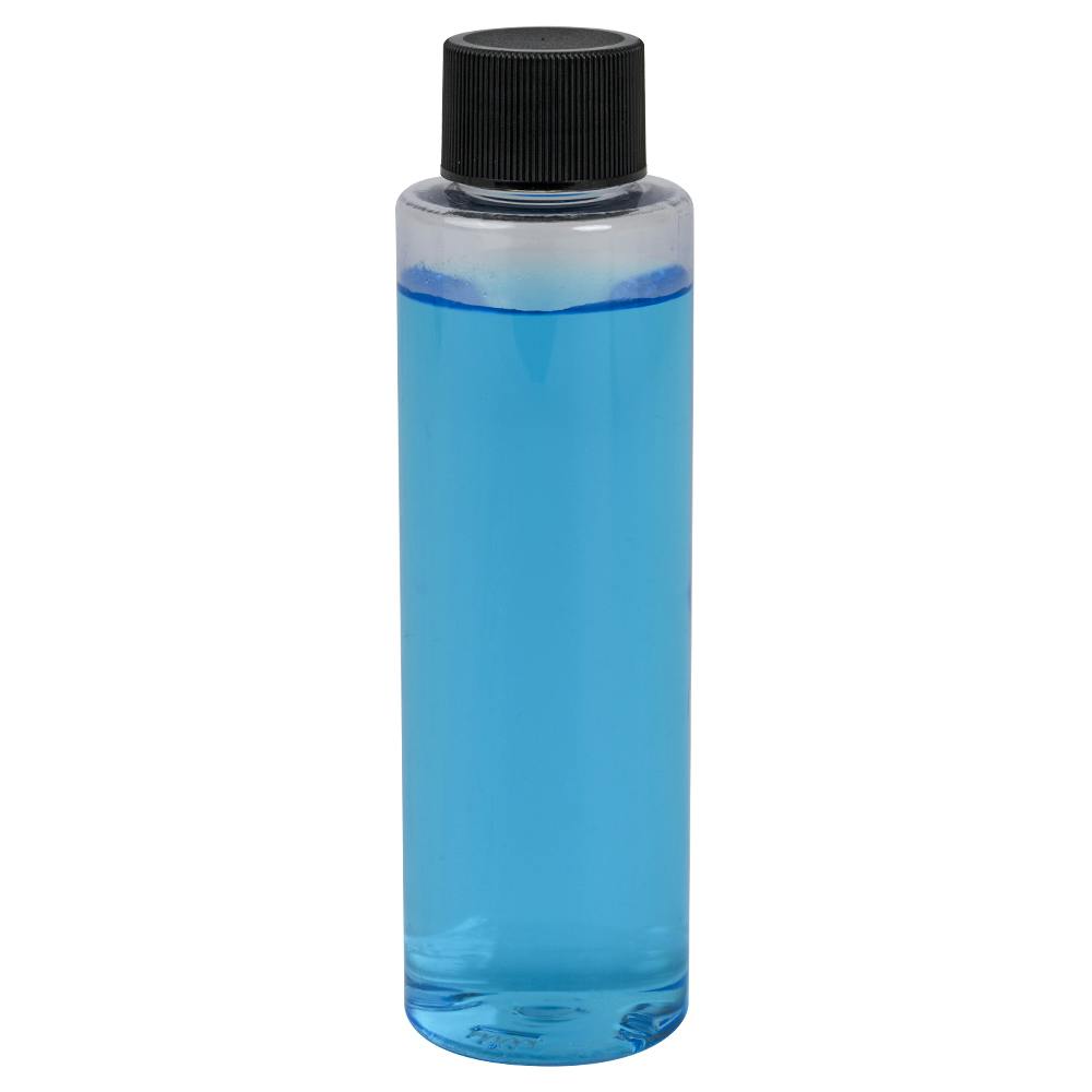 4 oz. Clear PET Slim Cylindrical Bottle with 24/410 Black Ribbed Cap with F217 Liner