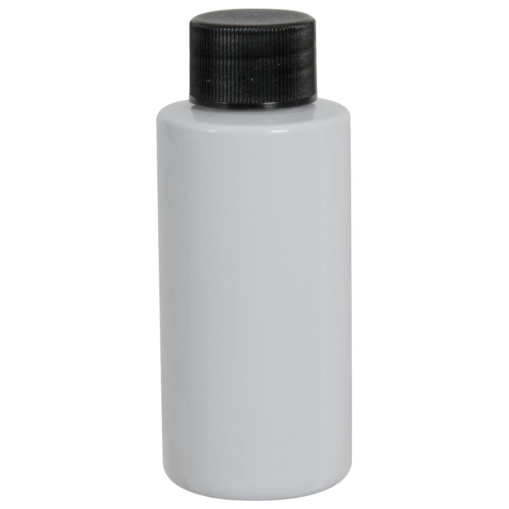 2 oz. White PET Cylindrical Bottle with 20/410 Black Ribbed Cap with F217 Liner