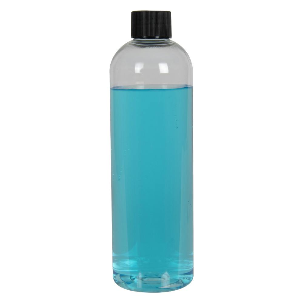12 oz. Clear PET High Clarity Cosmo Round Bottle with 24/410 Black Ribbed Cap with F217 Liner