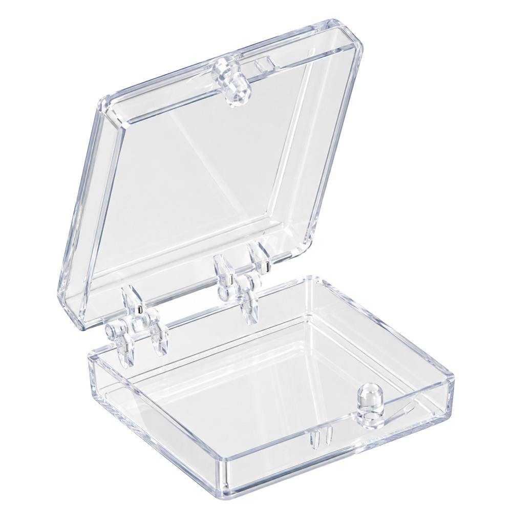 Clear Polystyrene Hinged Box - 1" L x 1" W x 1/4" Hgt. (Case of 3000)