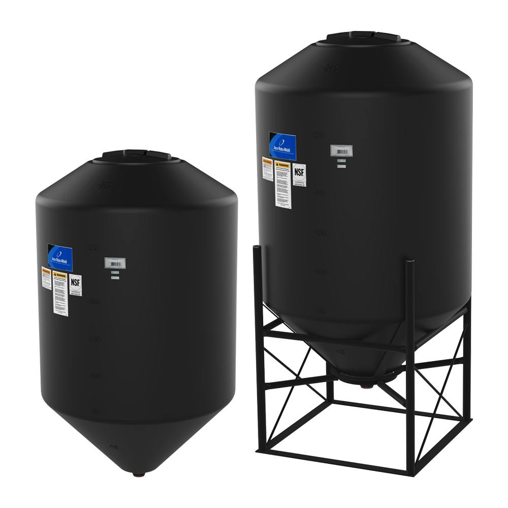 1000 Gallon Black HDPE 45° Cone Bottom Tank with Domed Top & 16" Lid - 64" Dia x 98" Hgt. (Stand Sold Separately)