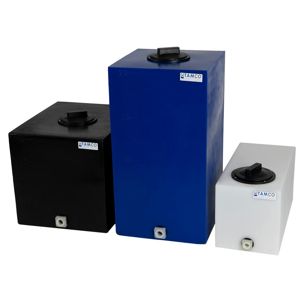 35 Gallon Blue LLDPE Rectangular Utility Tamco® Tank with 4" Lid & 3/4" FNPT Fitting & 5-Gallon Graduations - 24-1/2" L x 18-1/2" W x 21-1/2" Hgt.