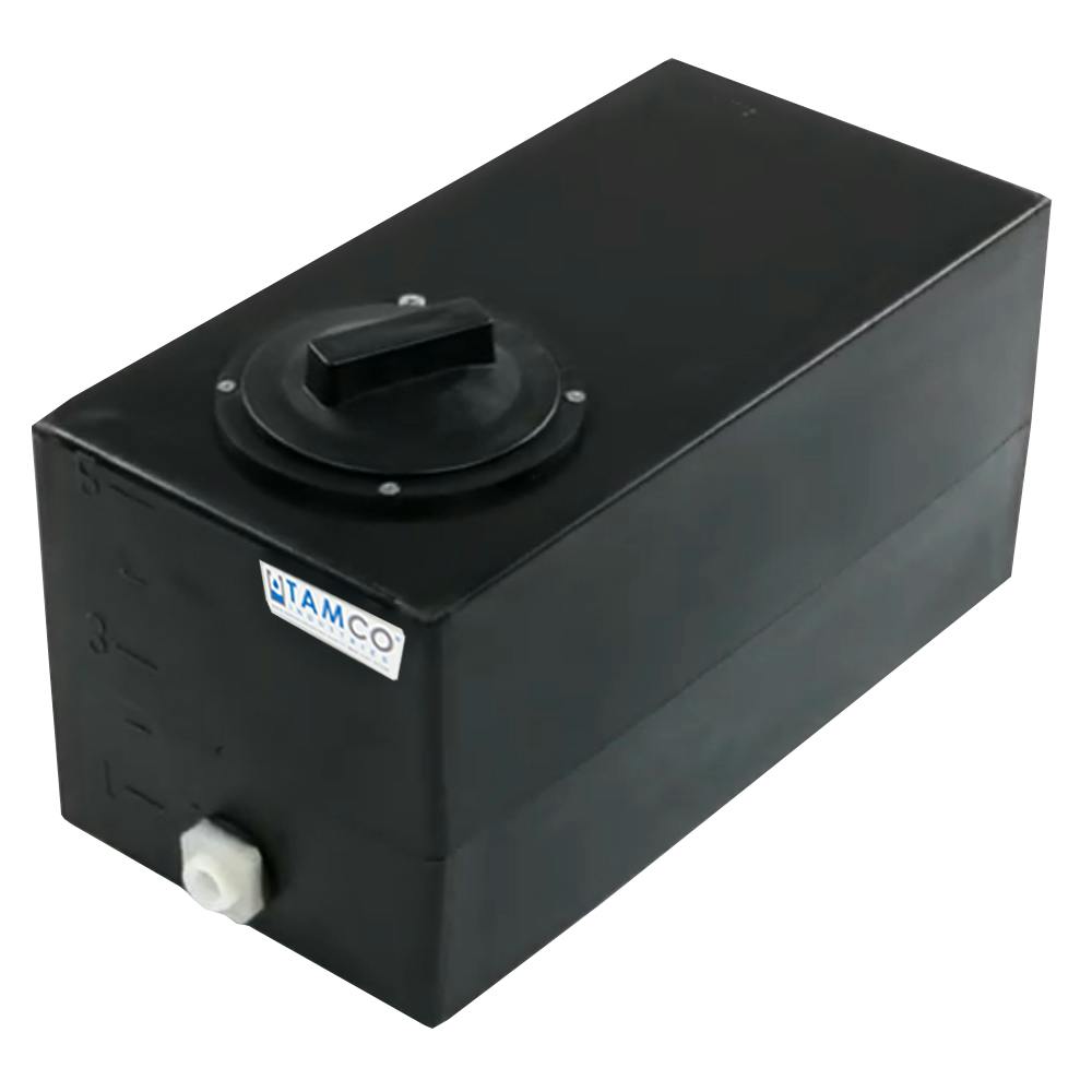5 Gallon Black LLDPE Rectangular Utility Tamco® Tank with 4" Lid & 1/2" FNPT Fitting & 1-Gallon Graduations - 18" L x 9" W x 10" Hgt.