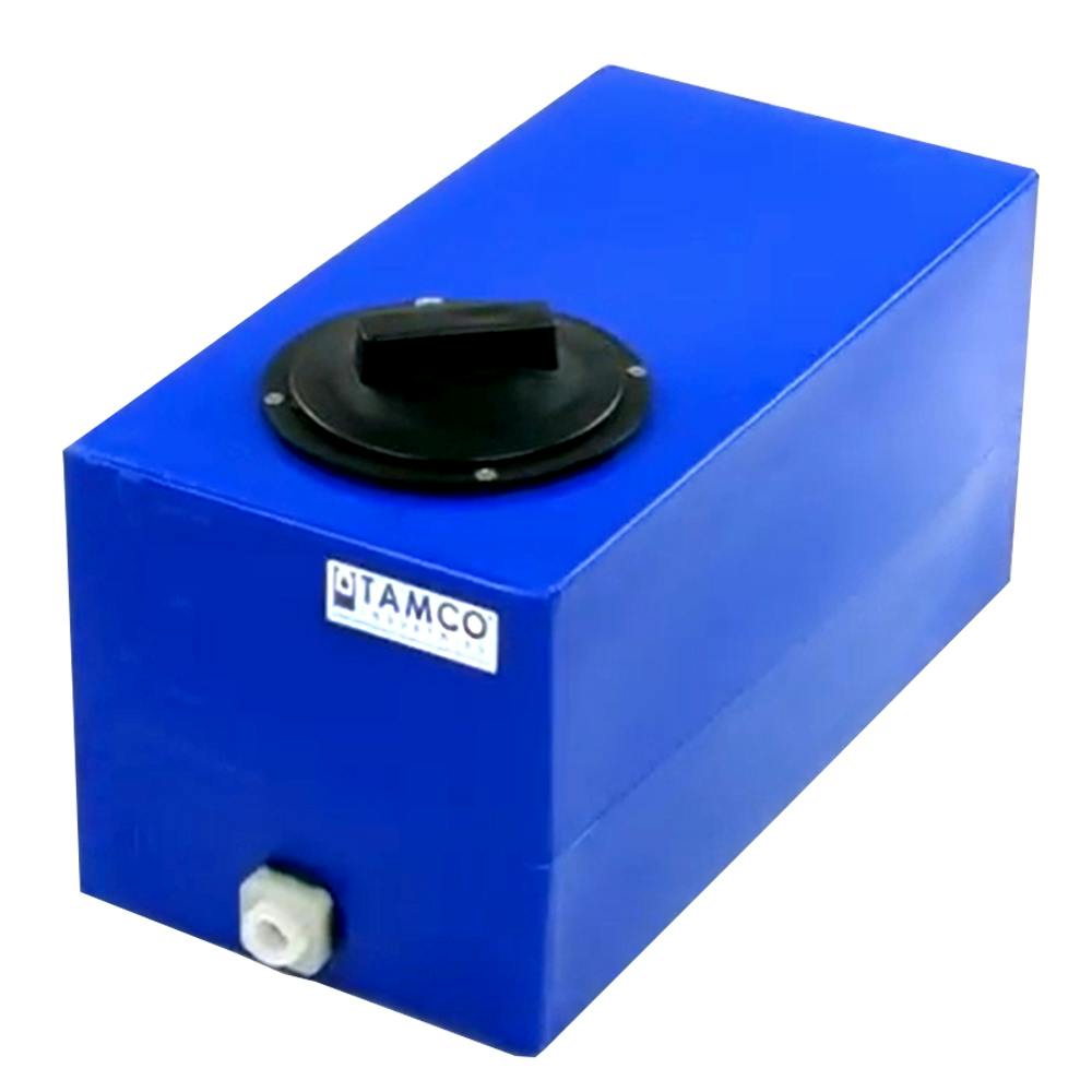 5 Gallon Blue LLDPE Rectangular Utility Tamco® Tank with 4" Lid & 1/2" FNPT Fitting & 1-Gallon Graduations - 18" L x 9" W x 10" Hgt.