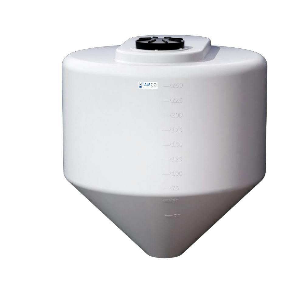 250 Gallon Tamco® Cone Bottom Tank with 45° Cone Angle & 2" FPT Boss Fitting (Full Drain) - 48" Dia. x 50-3/4" Hgt. (Stand sold separately)