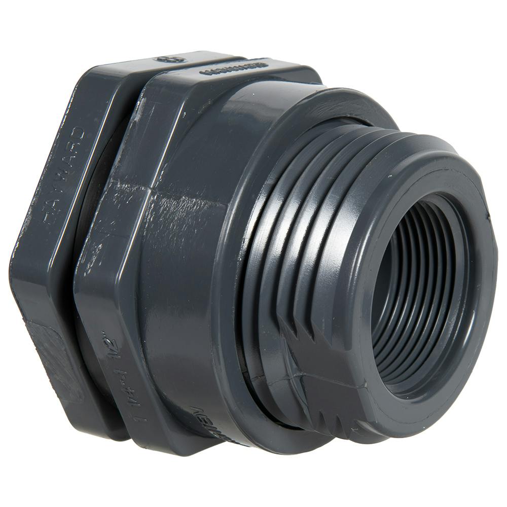 1-1/4" Installed Thread x Thread Gray PVC Bulkhead Fitting w/FPM Gasket - 2.63" Hole Size