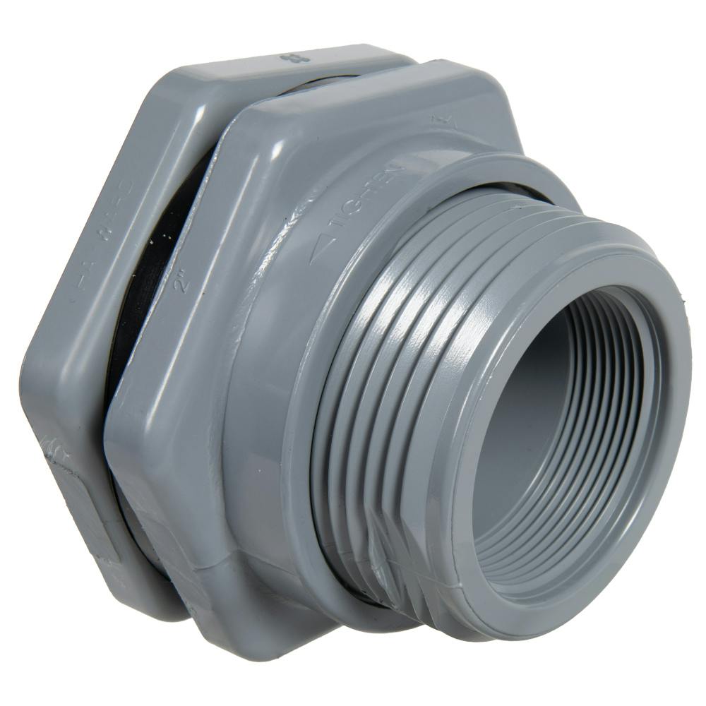 2" Installed Thread x Thread Gray PVC Bulkhead Fitting w/EPDM Gasket - 3.25" Hole Size
