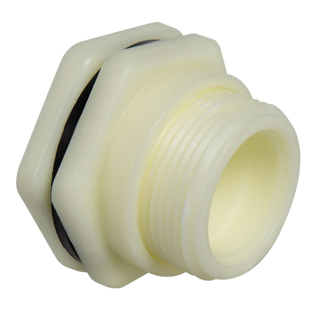 2" Installed Thread x Thread Natural Polypropylene Bulkhead Fitting w/FPM Gasket - 3.25" Hole Size