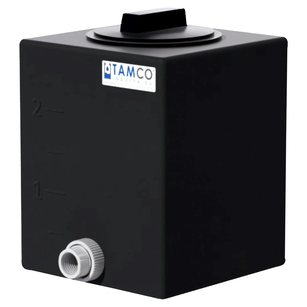 2 Gallon Black LLDPE Square Utility Tamco® Tank with 4" Lid & 1/2" FNPT Fitting & 1/2-Gallon Graduations - 8-1/2" L x 8-1/2" W x 12" Hgt.
