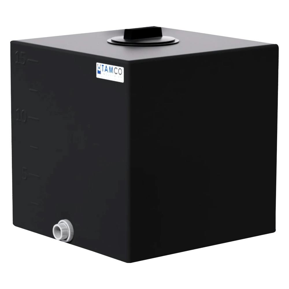 15 Gallon Black LLDPE Square Utility Tamco® Tank with 4" Lid & 3/4" FNPT Fitting & 2-1/2-Gallon Graduations - 16" L x 16" W x 17-1/2" Hgt.