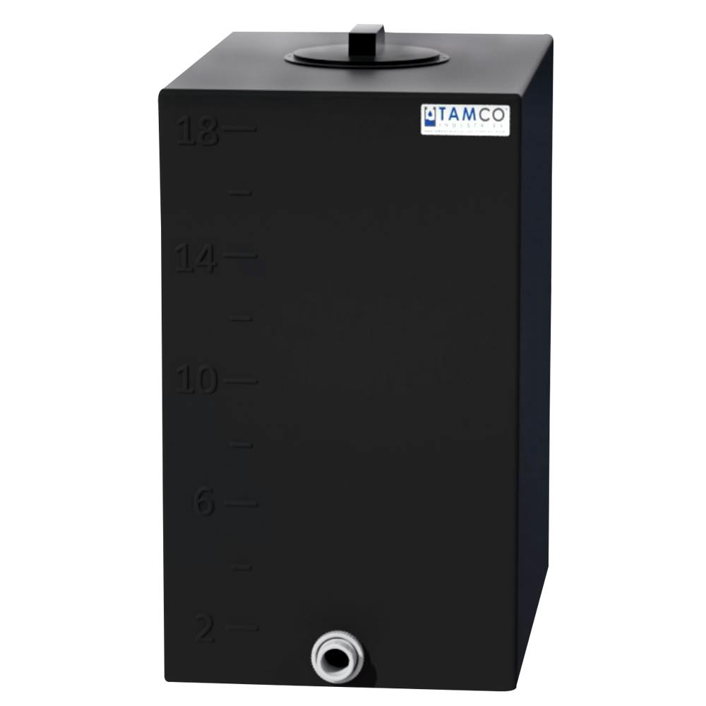 18 Gallon Black LLDPE Rectangular Utility Tamco® Tank with 8" Gasketed Lid & 3/4" FNPT Fitting & 2-Gallon Graduations - 18-1/2" L x 12-1/2" W x 22-1/2" Hgt.