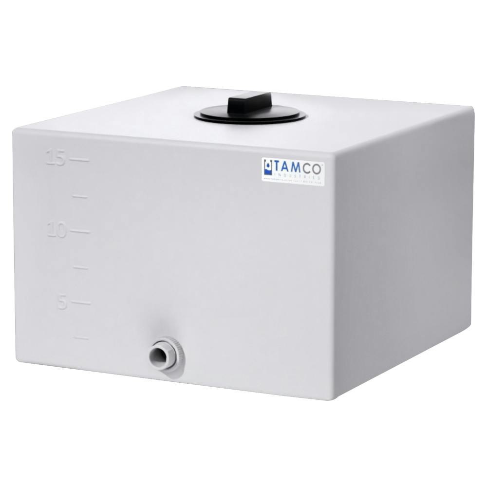 15 Gallon Natural LLDPE Square Utility Tamco® Tank with 8" Gasketed Lid & 3/4" FNPT Fitting & 2-1/2-Gallon Graduations - 18-1/2" L x 18-1/2" W x 12-1/2" Hgt.