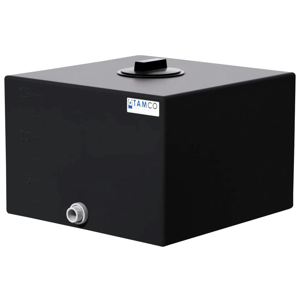 15 Gallon Black LLDPE Square Utility Tamco® Tank with 8" Gasketed Lid & 3/4" FNPT Fitting & 2-1/2-Gallon Graduations - 18-1/2" L x 18-1/2" W x 12-1/2" Hgt.