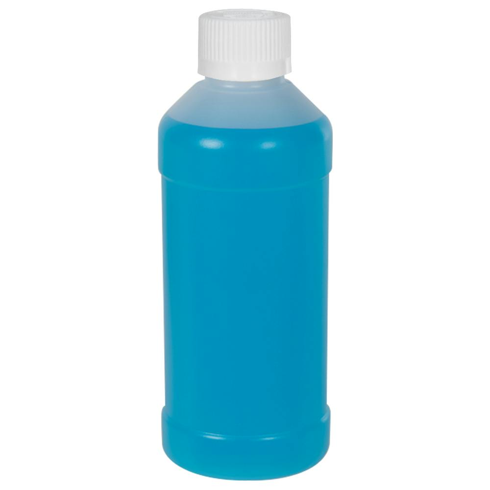 8 oz. Natural HDPE Modern Round Bottle with 28/400 White Ribbed Polypropylene Child-Resistant Cap (CRC) with F217 Liner