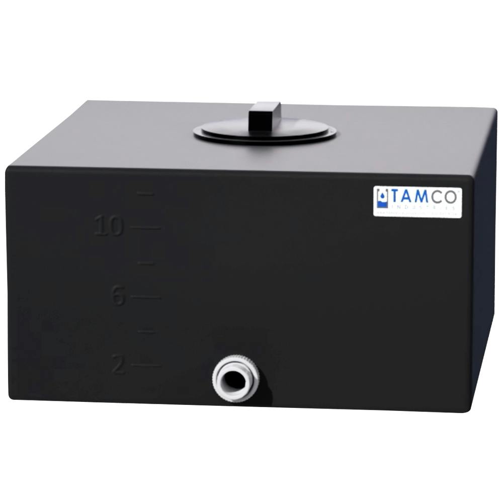 12 Gallon Black LLDPE Square Utility Tamco® Tank with 8" Gasketed Lid & 3/4" FNPT Fitting & 2-Gallon Graduations - 18-1/2" L x 18-1/2" W x 9-1/2" Hgt.