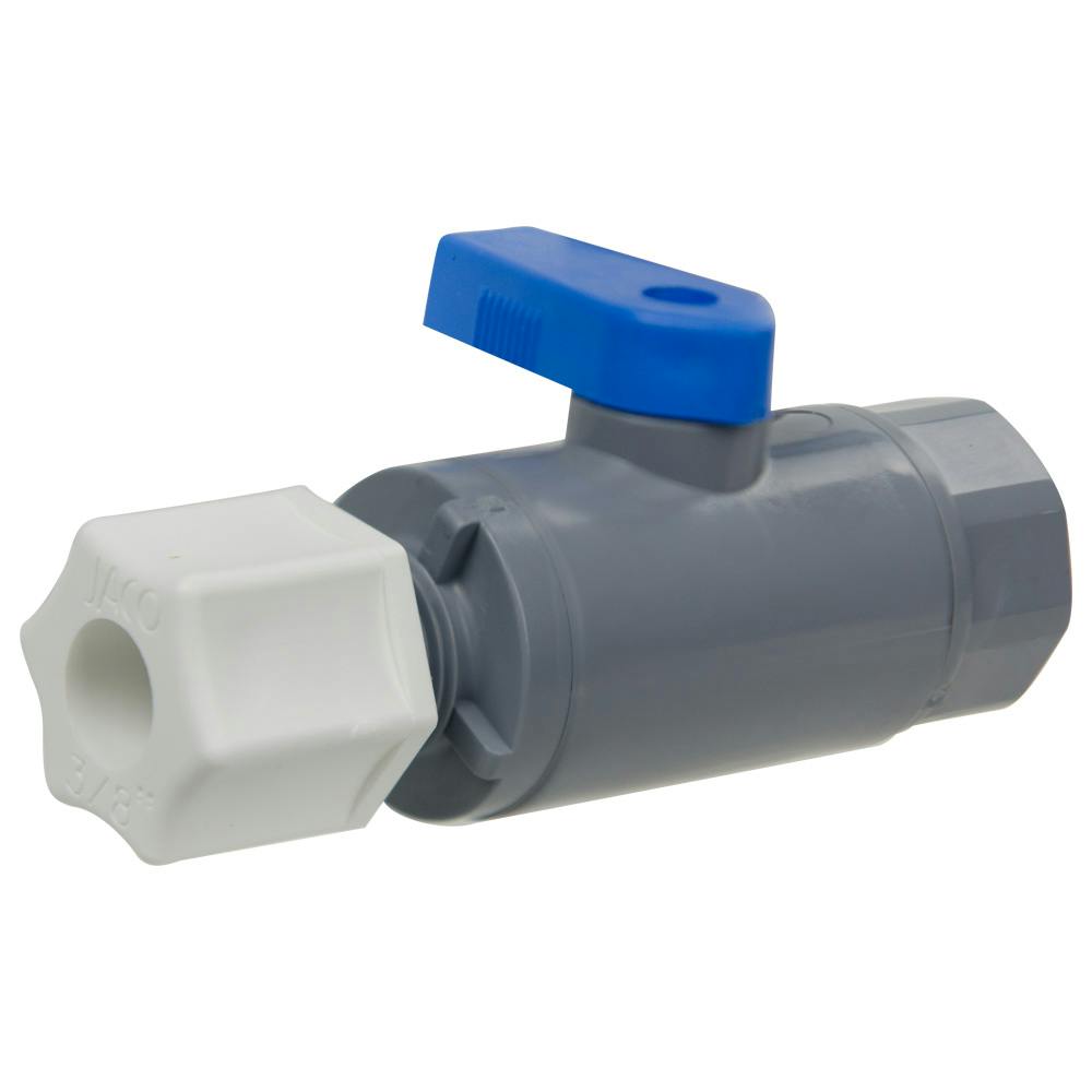 3/8" OD Tube Jaco x 3/8" FNPT Gray PVC Series 638 Straight Two-Way Ball Valve with Buna-N Seal