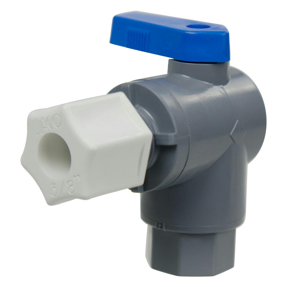 1/4" FNPT x 3/8" OD Tube Jaco Gray PVC Series 657 Right Angle Two-Way Ball Valve with Buna-N Seal