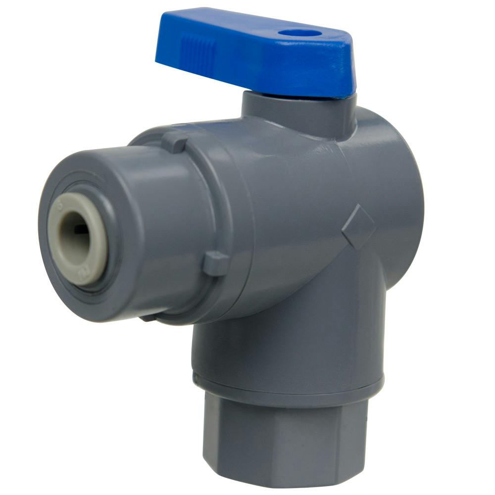 1/4" FNPT x 1/4" OD Tube John Guest® Gray PVC Series 657 Right Angle Two-Way Ball Valve with Buna-N Seal