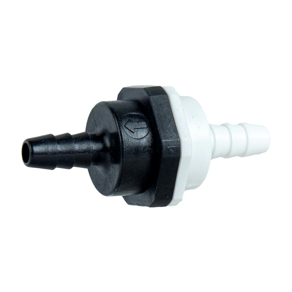 1/4" Hose Barb x 1/4" Hose Barb Series 406 Polypropylene Check Valve with 1 psi Spring & EPDM Seal