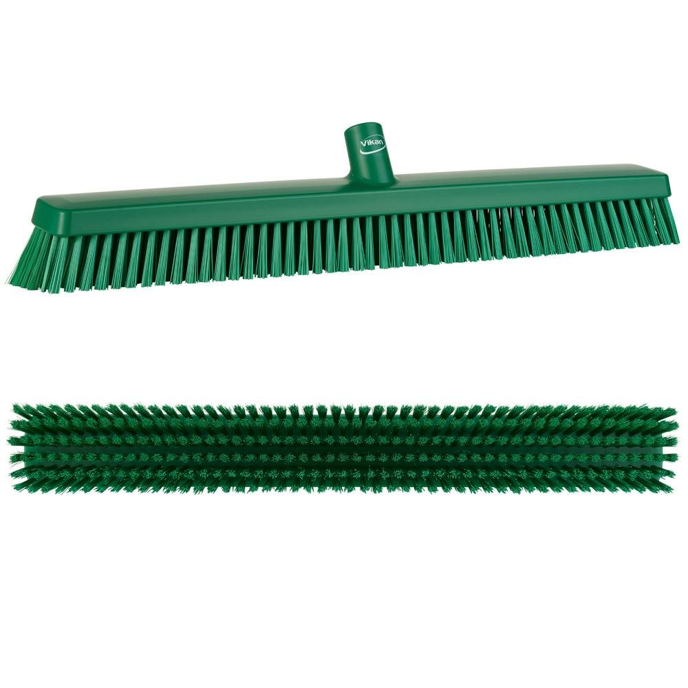 24.4" Green Vikan® Heavy-Duty Push Broom Head with Soft & Stiff Bristles (Handle Sold Separately)