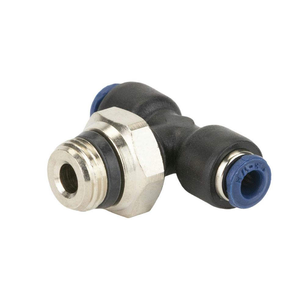 1/8" Tube OD x 1/8" Tube OD x 1/8" SWIFTFIT Universal Thread 85 Series Black Nylon Male Branch Swivel Tee