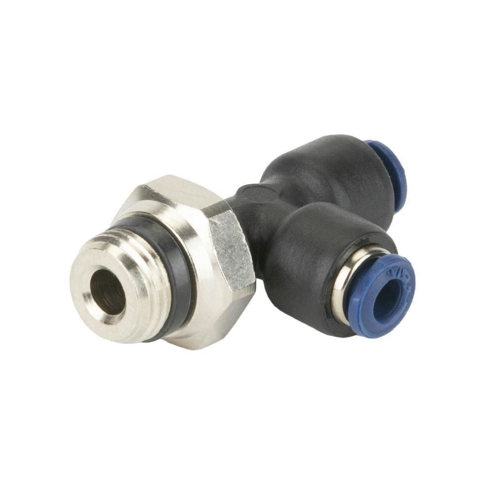 1/8" Tube OD x 1/8" SWIFTFIT Universal Thread x 1/8" Tube OD 85 Series Black Nylon Male Run Swivel Tee