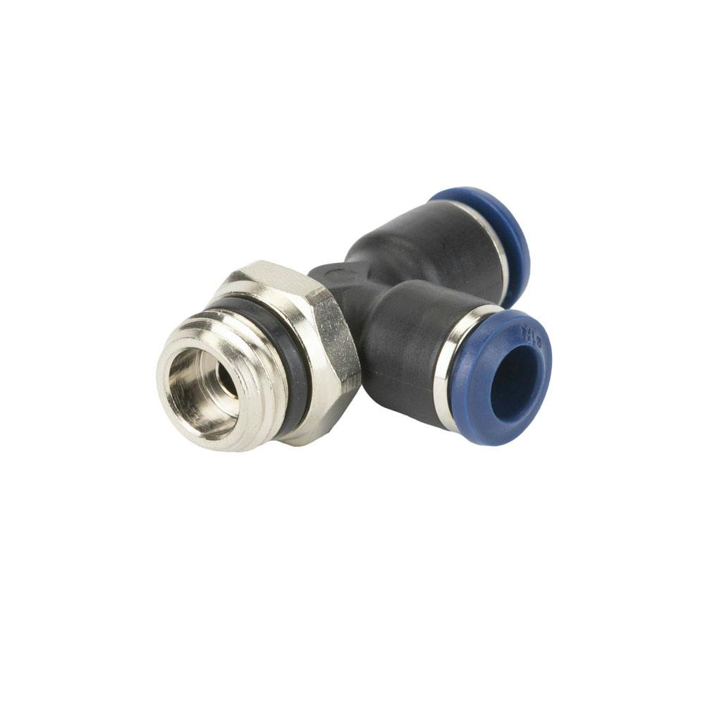 1/4" Tube OD x 1/4" SWIFTFIT Universal Thread x 1/4" Tube OD 85 Series Black Nylon Male Run Swivel Tee