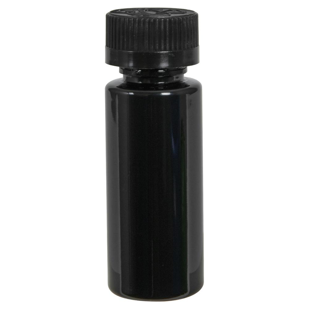 1 oz. Black PET Cylindrical Bottle with 20/400 Black Ribbed Child-Resistant Cap (CRC) with F217 Liner