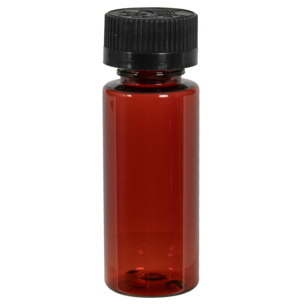 1 oz. Amber PET Cylindrical Bottle with 20/400 Black Ribbed Child-Resistant Cap (CRC) with F217 Liner