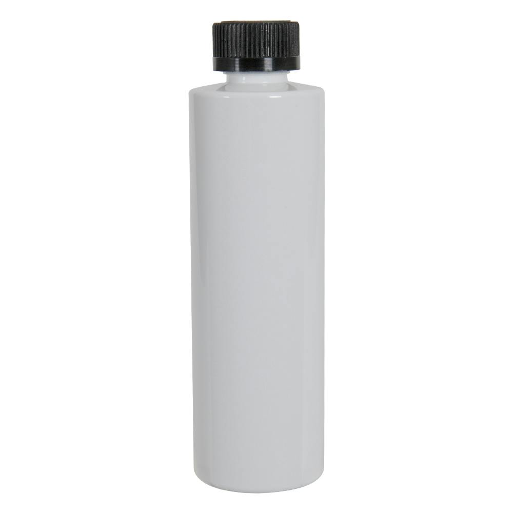 8 oz. White PET Cylindrical Bottle with 24/400 Black Ribbed Child-Resistant Cap (CRC) with F217 Liner