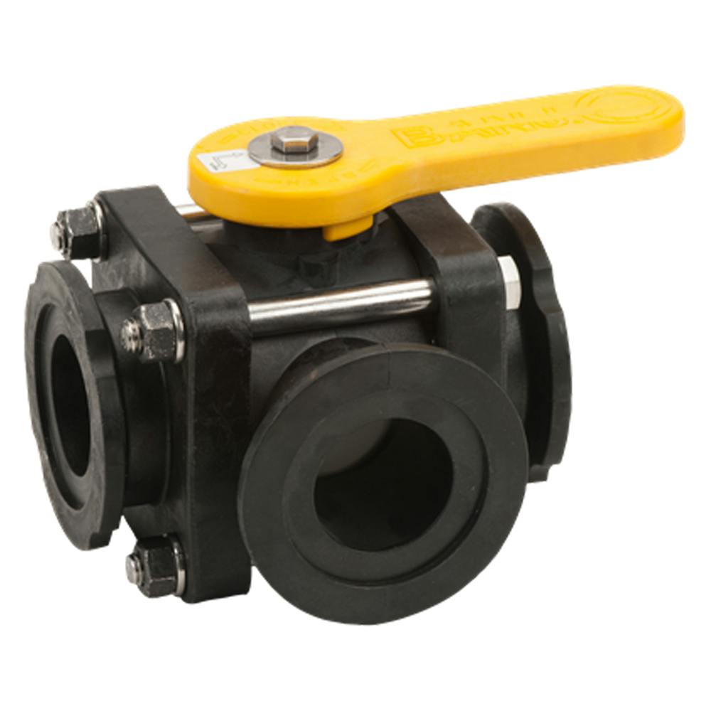 2" Manifold Flange Side Load Banjo® Standard Port 3-Way Polypropylene Ball Valve with Straight Handle