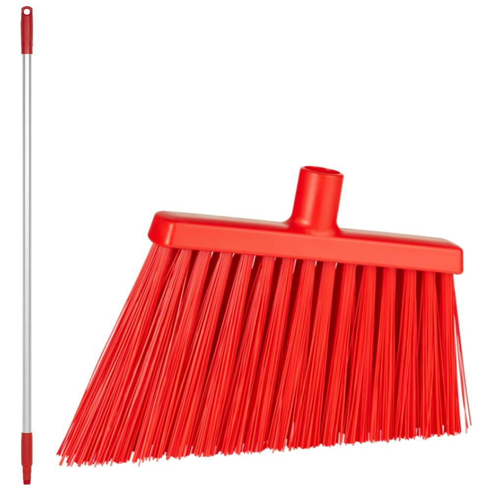 11.4" Red Polypropylene Vikan® Angle Cut Broom with Stiff Bristles & 49.6" Aluminum Handle with Red Tip & Cap