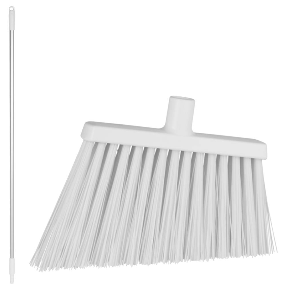 11.4" White Polypropylene Vikan® Angle Cut Broom with Stiff Bristles & 57.5" Aluminum Handle with White Tip & Cap