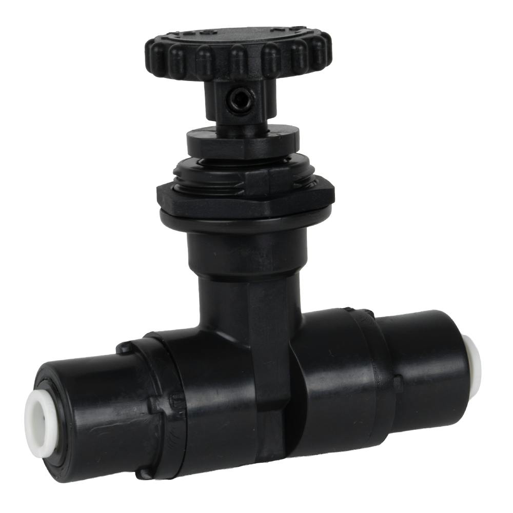 1/4" OD Push-to-Connect x 1/4" OD Push-to-Connect Black Kynar® PVDF Series 586 Two-Way Needle Valve with EPDM Seal